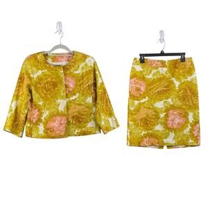 Talbots Floral Skirt Blazer 2 Piece Suit Size 6 Round Neck Hidden Button Cotton